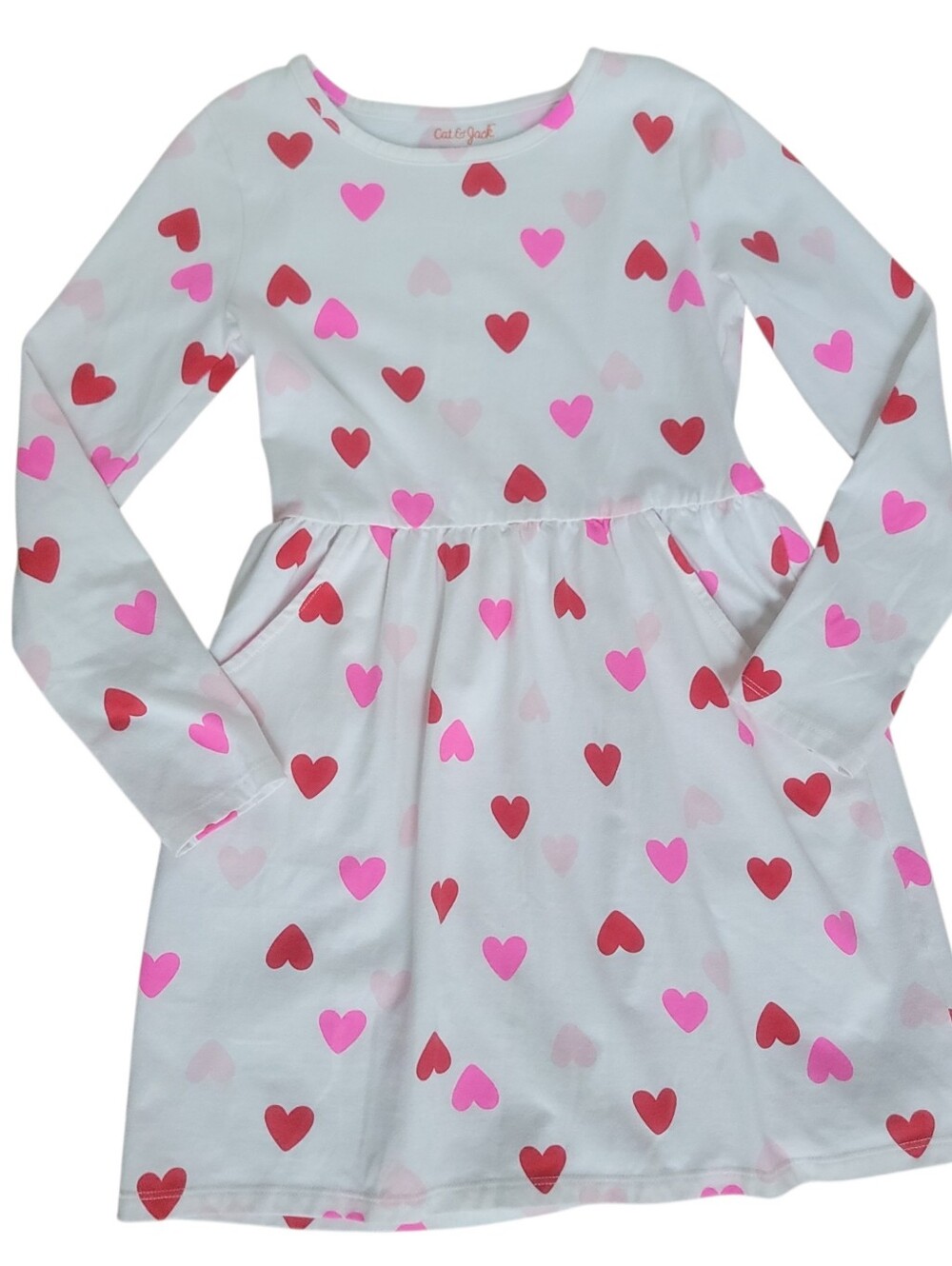 Cat&Jack Girls M (7/8) Pink Heart Print Valentine's Day White Long-Sleeve Dress